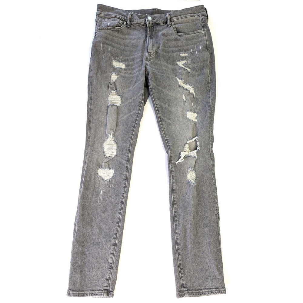 HM Mens Skinny Distressed Gray Denim Jeans 36/32 Ripped Slim Fit Stretch 0690449